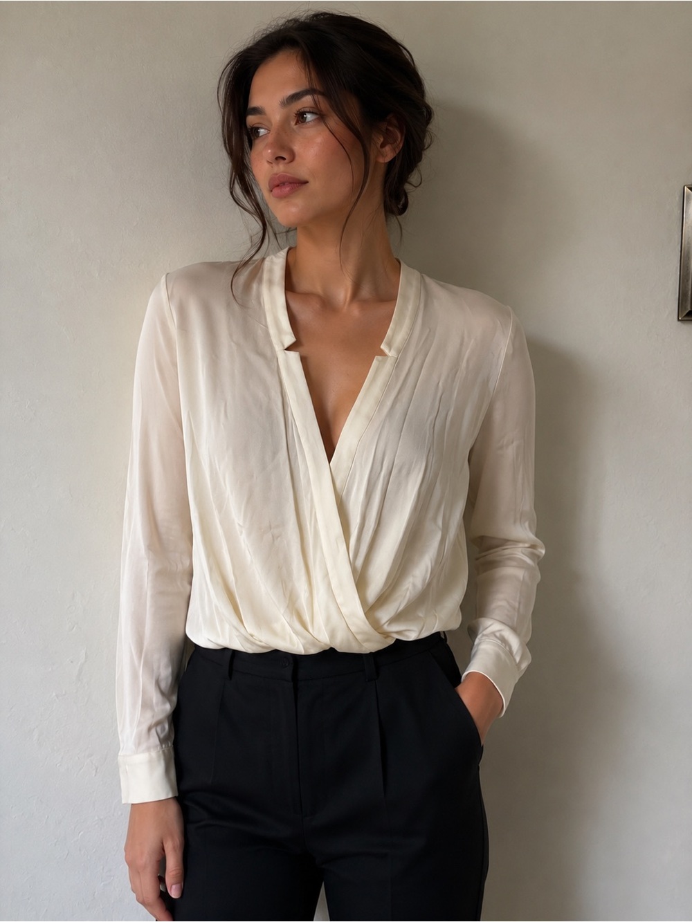 Cream Surplice Long-Sleeve Blouse - Women